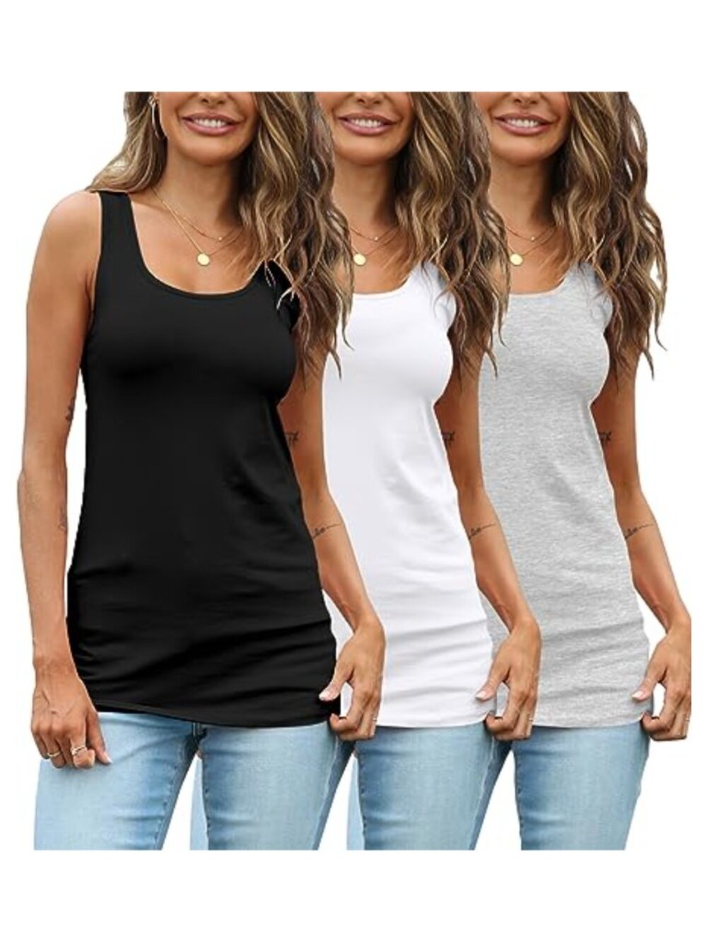 Extra Long Cotton Tank Tops Hip Length U Back Camisoles 3 Pack